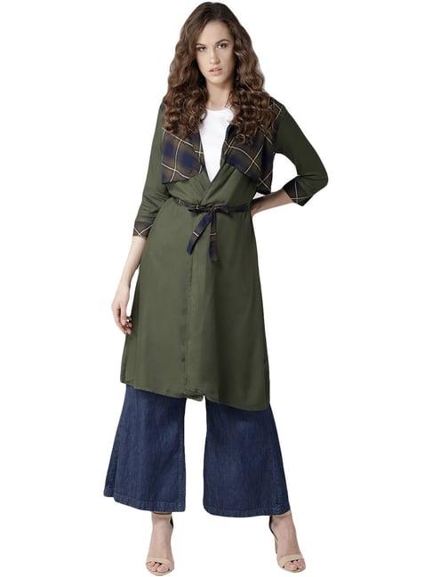 style quotient olive green & navy cotton plaid pattern shrug