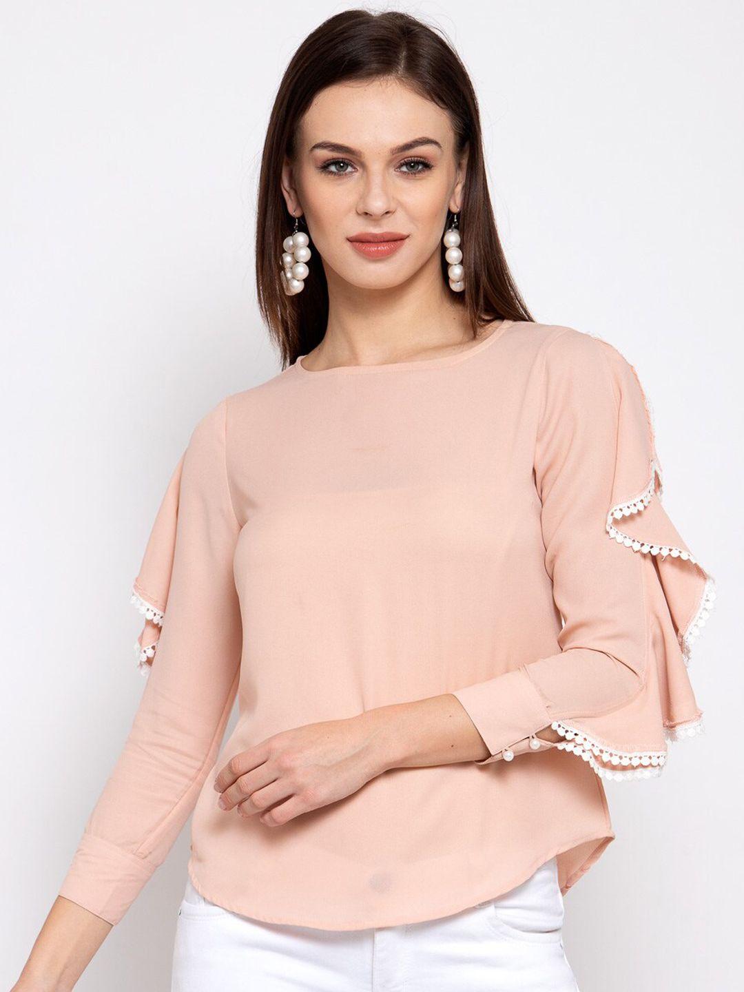 style quotient peach-coloured crepe ruffles regular top