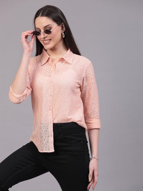 style quotient peach cotton self design shirt