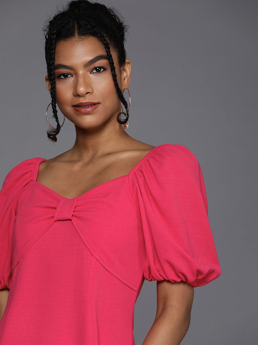 style quotient pink puff sleeves dress with twisted detail