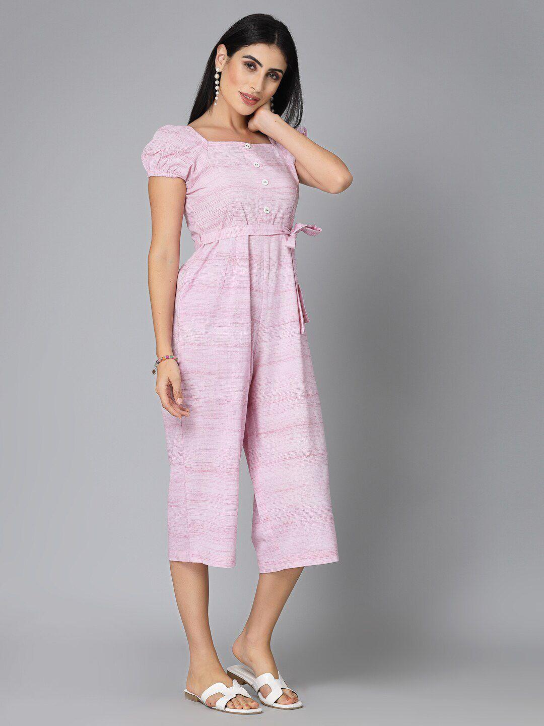 style quotient pink self design square neck cotton culotte jumpsuit
