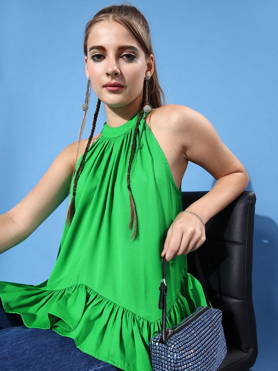 style quotient stylish green solid halter neck top