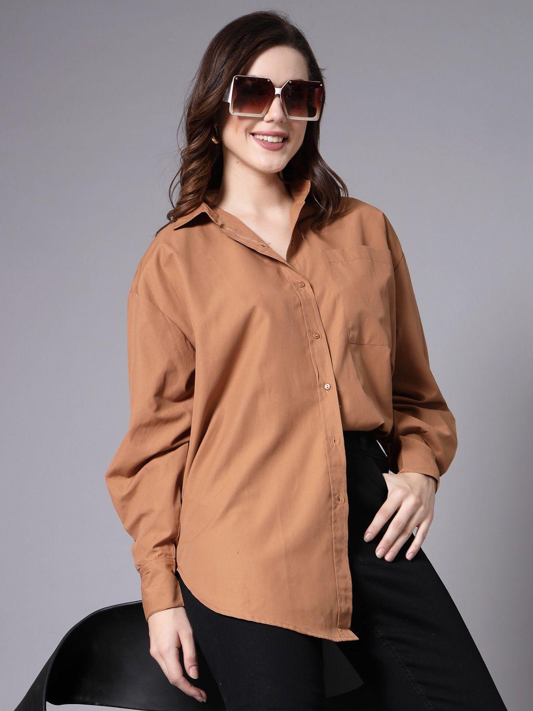style quotient tan smart spread collar cotton casual shirt