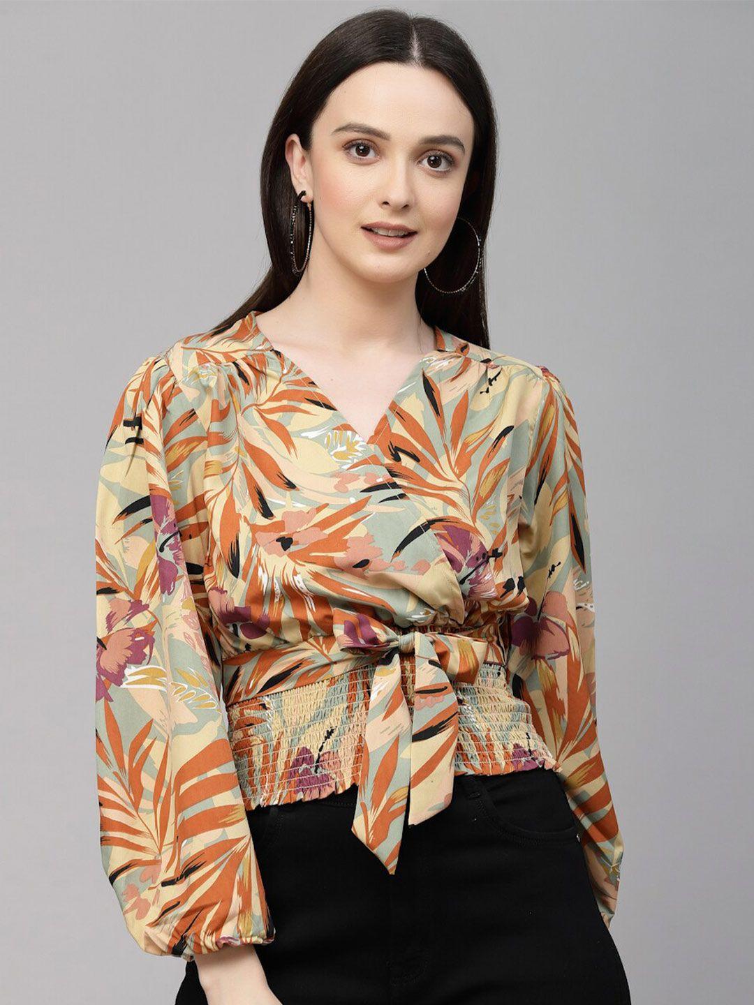 style quotient tropical printed puff sleeve smocked wrap top