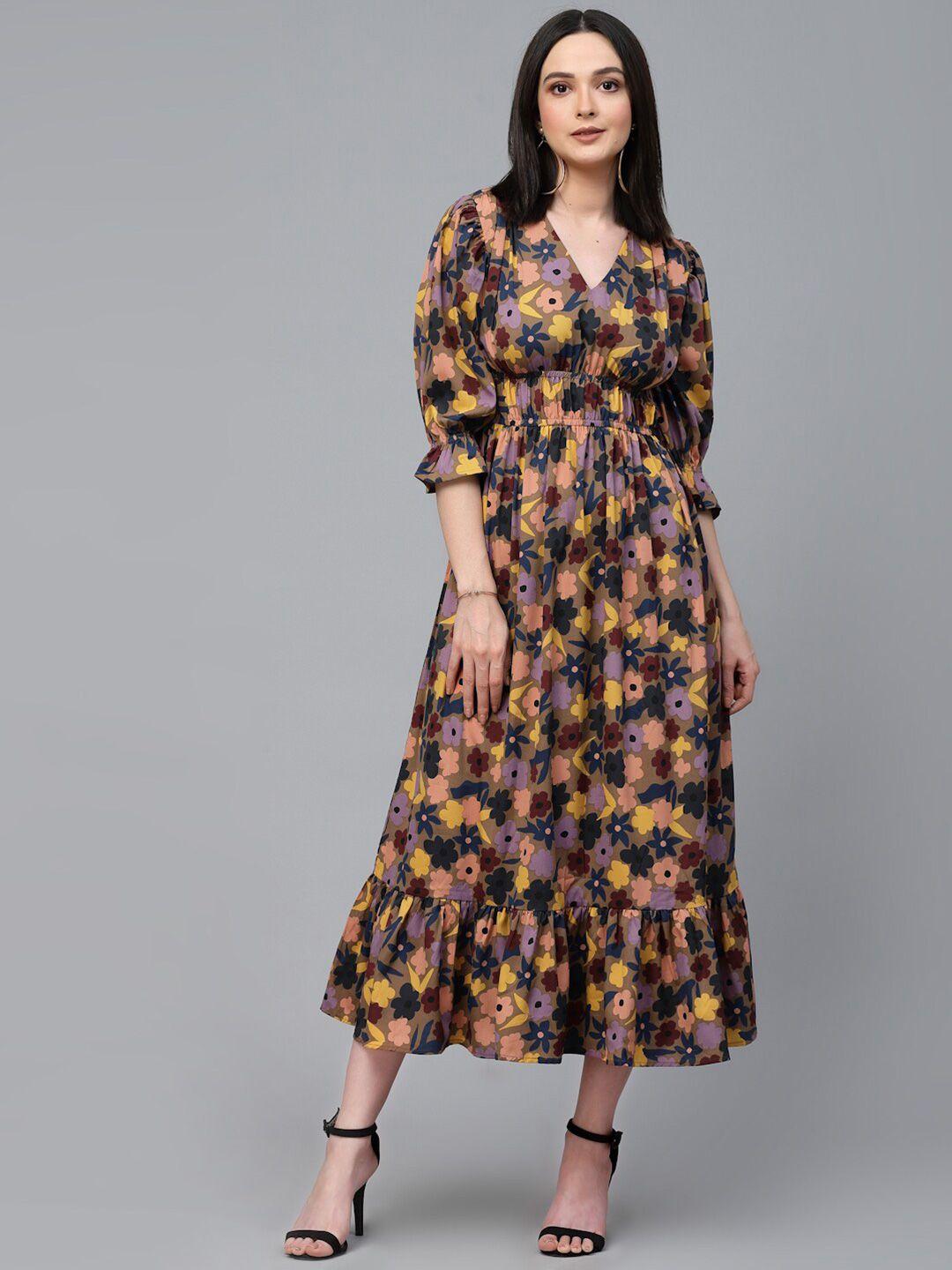 style quotient v-neck floral printed ruched fit and flare midi dress