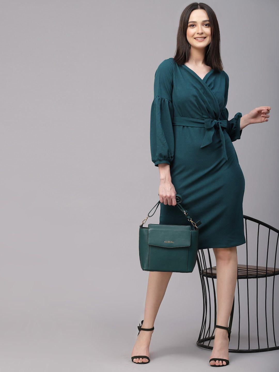 style quotient v-neck puff sleeve midi dress with belt