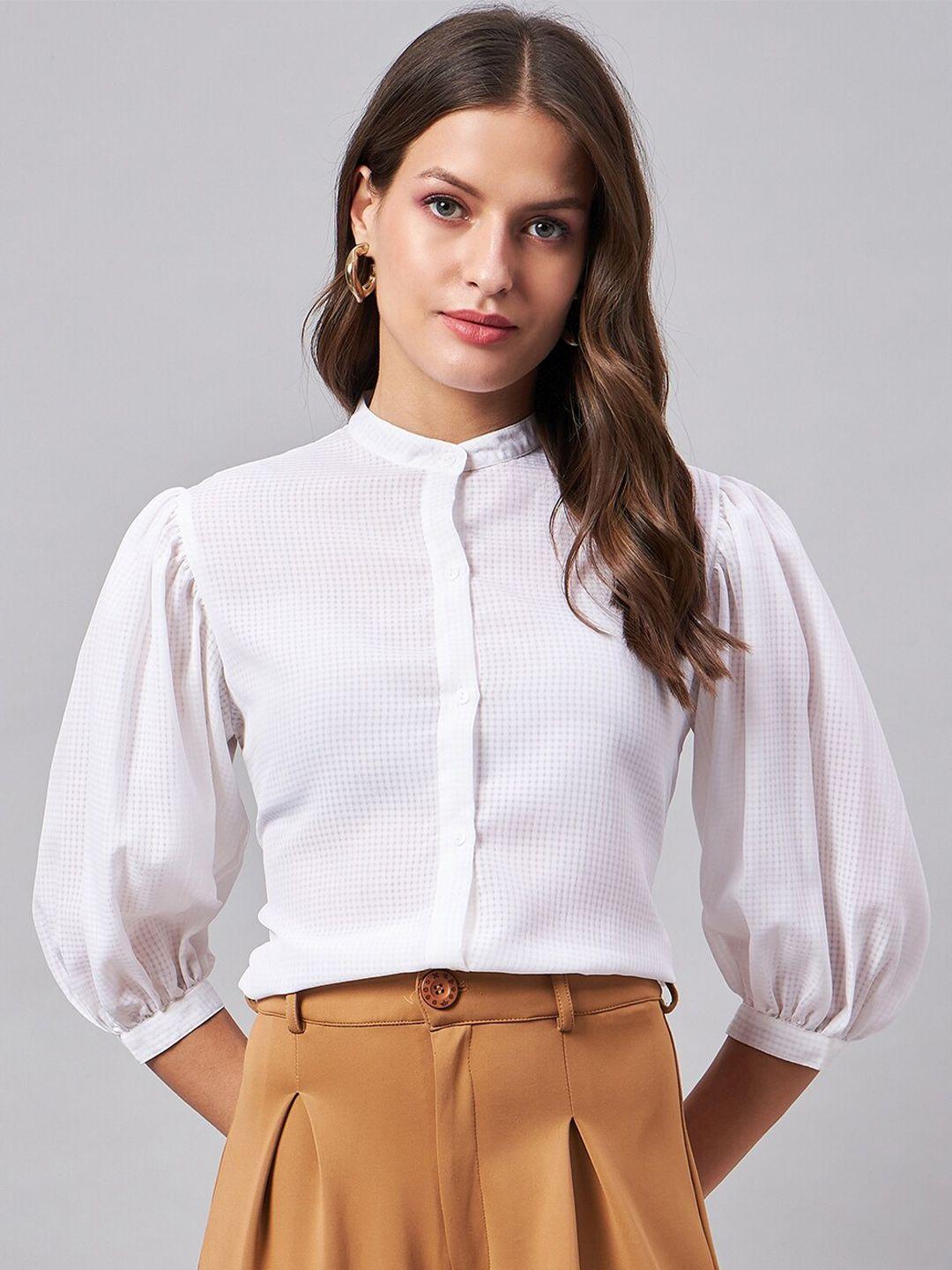 style quotient white checked band collar puff sleeves shirt style top