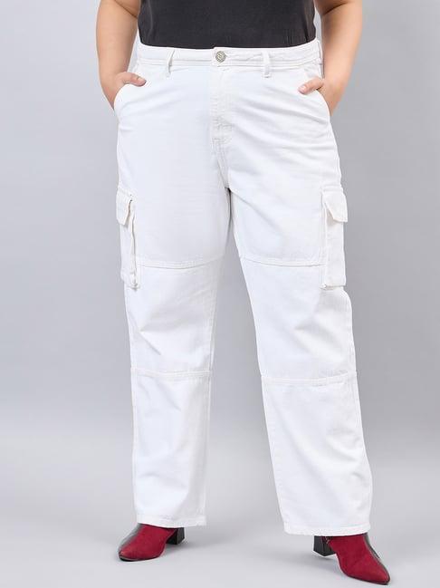 style quotient white cotton regular fit high rise cargo jeans