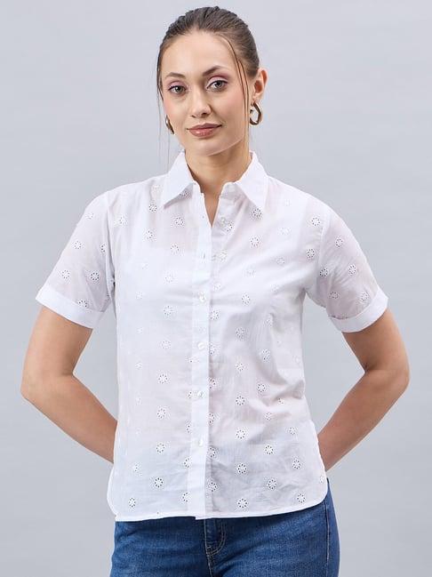 style quotient white cotton self design shirt