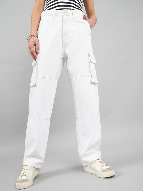 style quotient white cotton straight fit high rise cargo jeans
