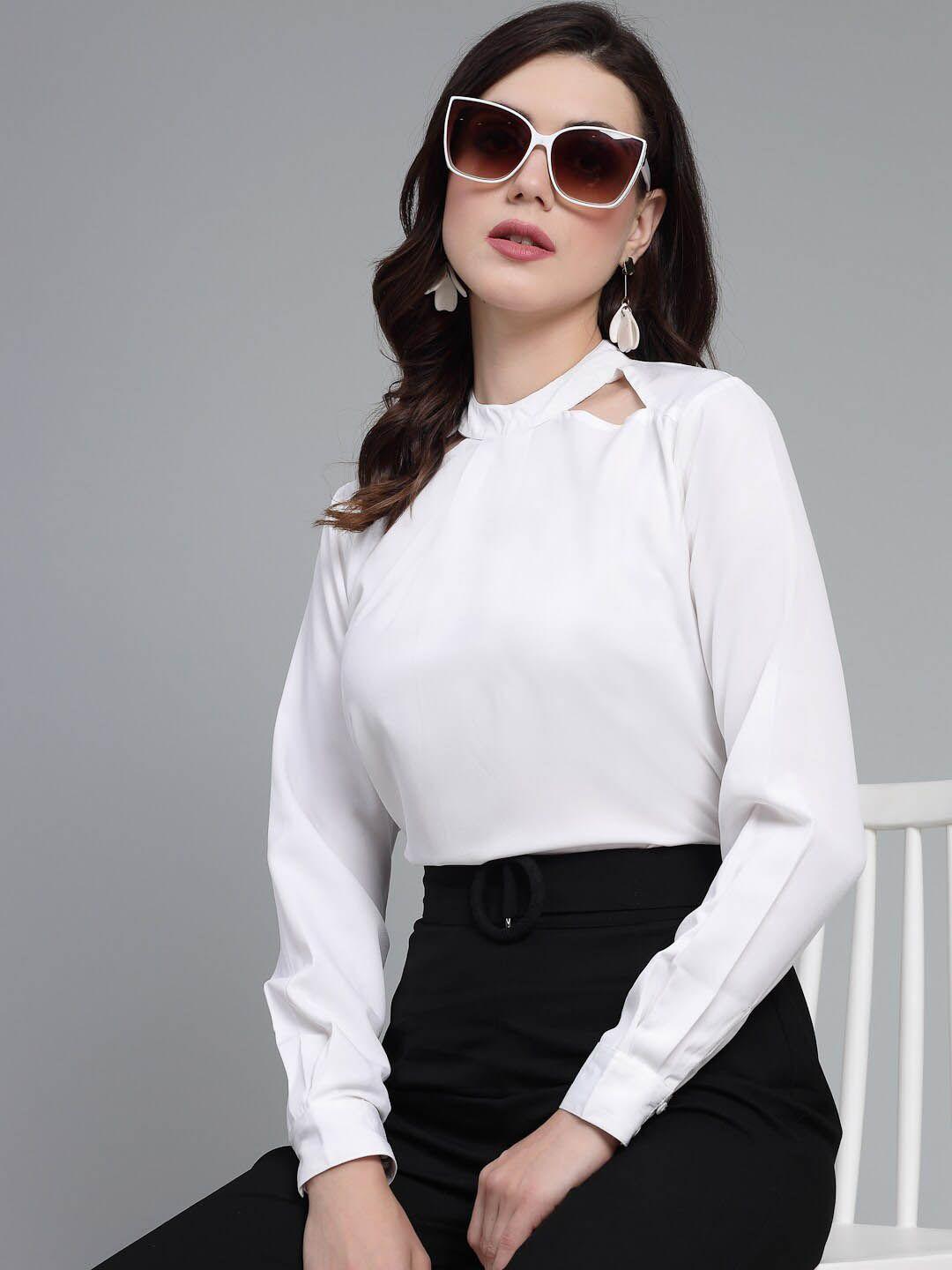 style quotient white cuffed sleeves cut out top