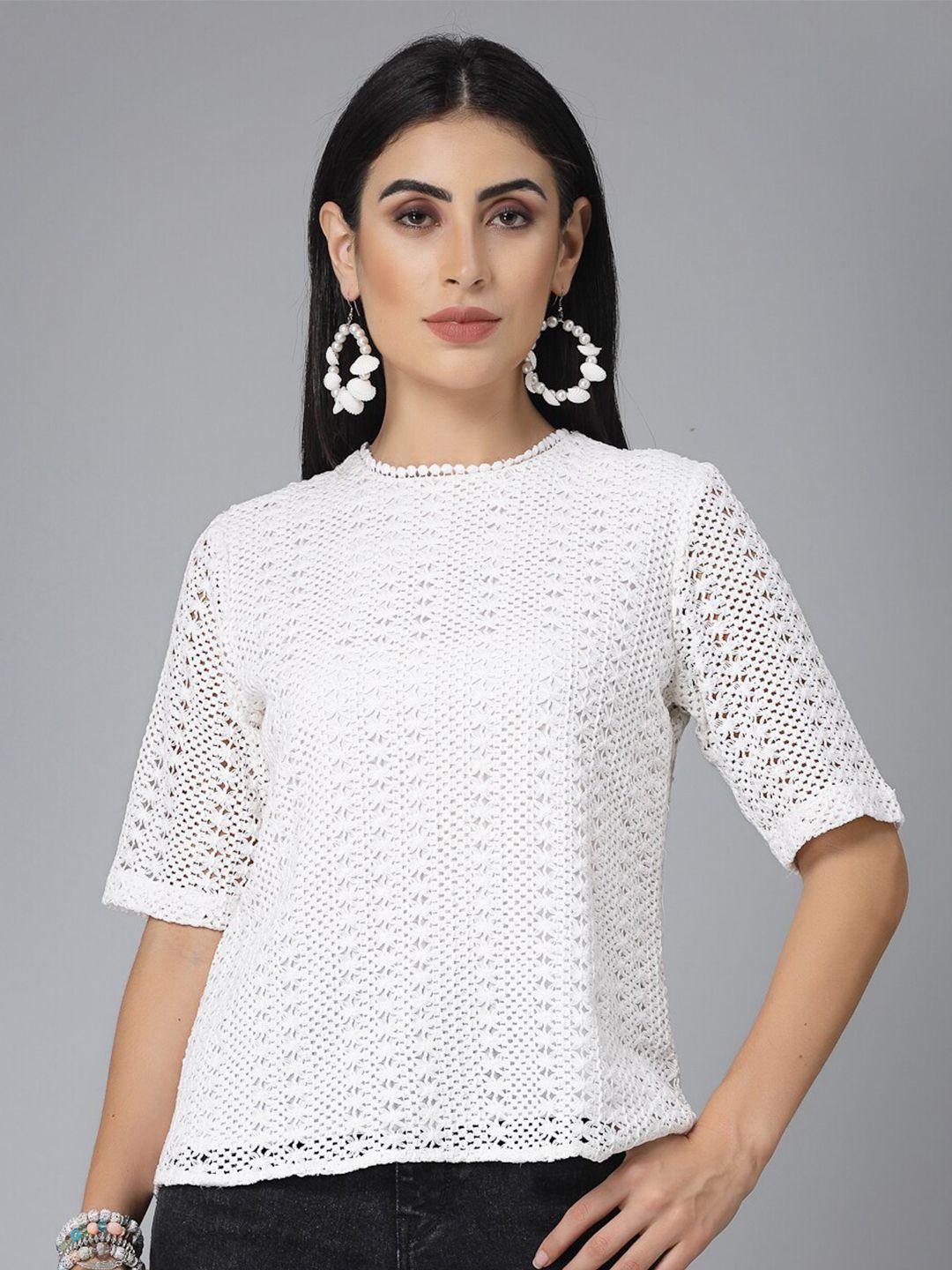 style quotient white self design cotton lace top