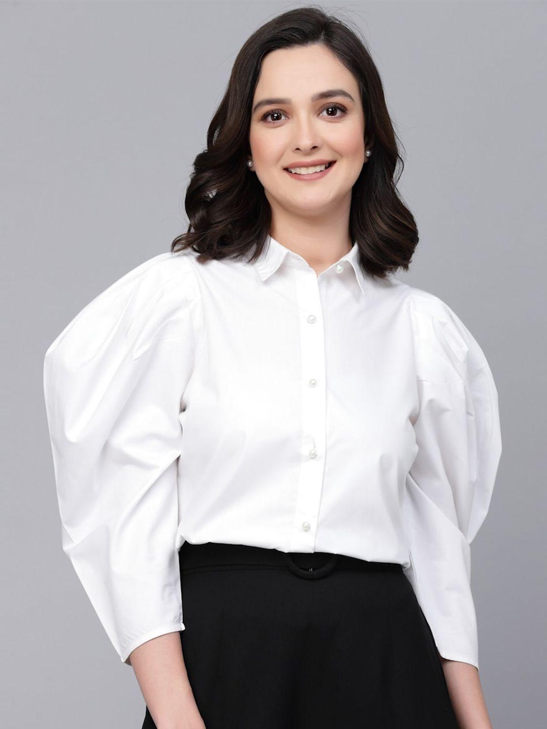 style quotient white spread collar puff sleeves smart cotton casual shirt