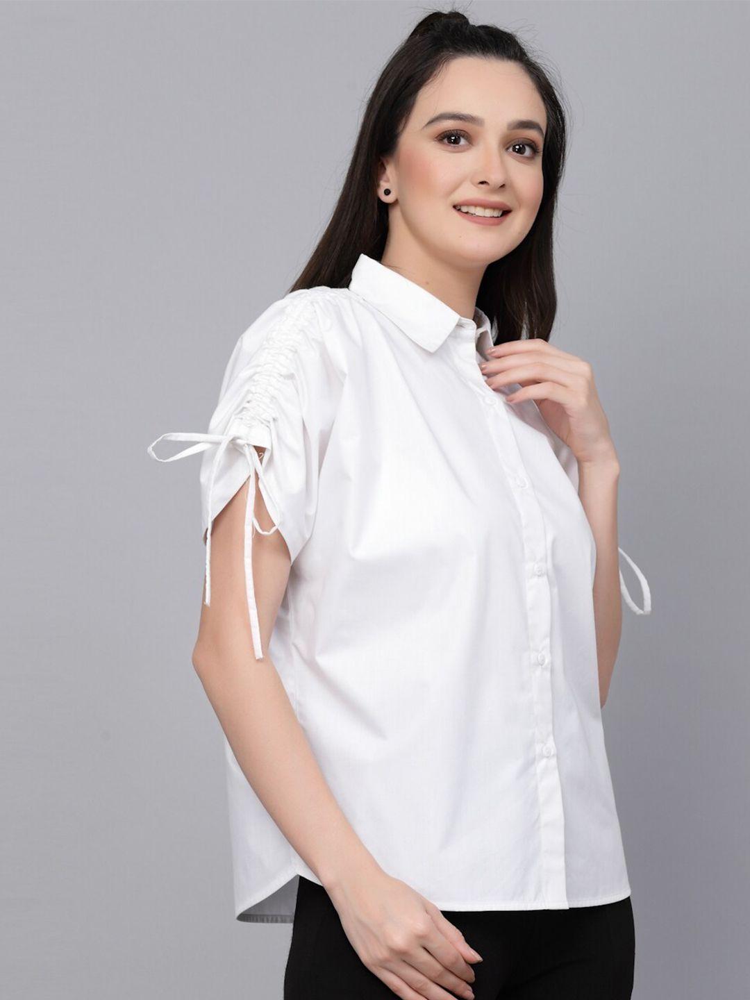 style quotient white spread collar ruched sleeves casual shirt