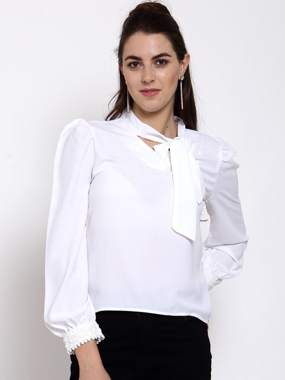 style quotient white tie-up neck crepe regular top