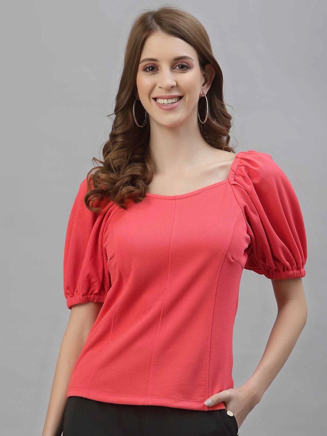 style quotient womal coral solid square neck puff sleeves polester regular top