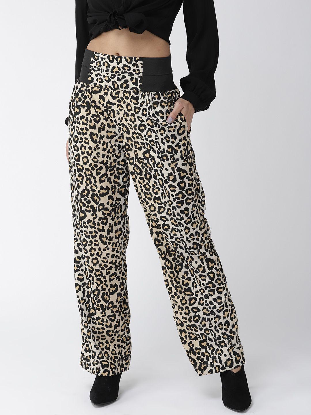 style quotient women beige & black original straight fit animal print parallel trousers