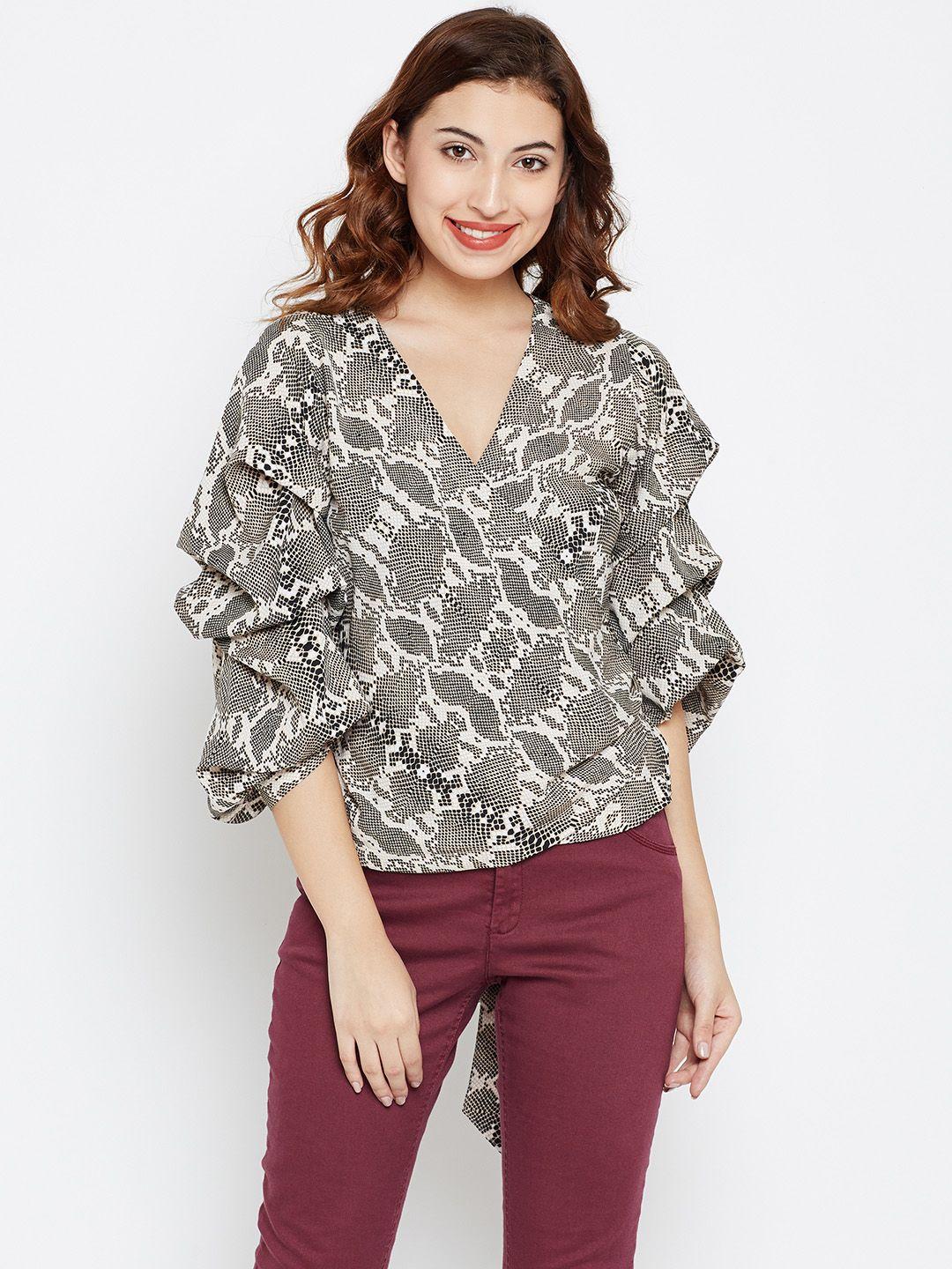 style quotient women beige & black printed wrap top