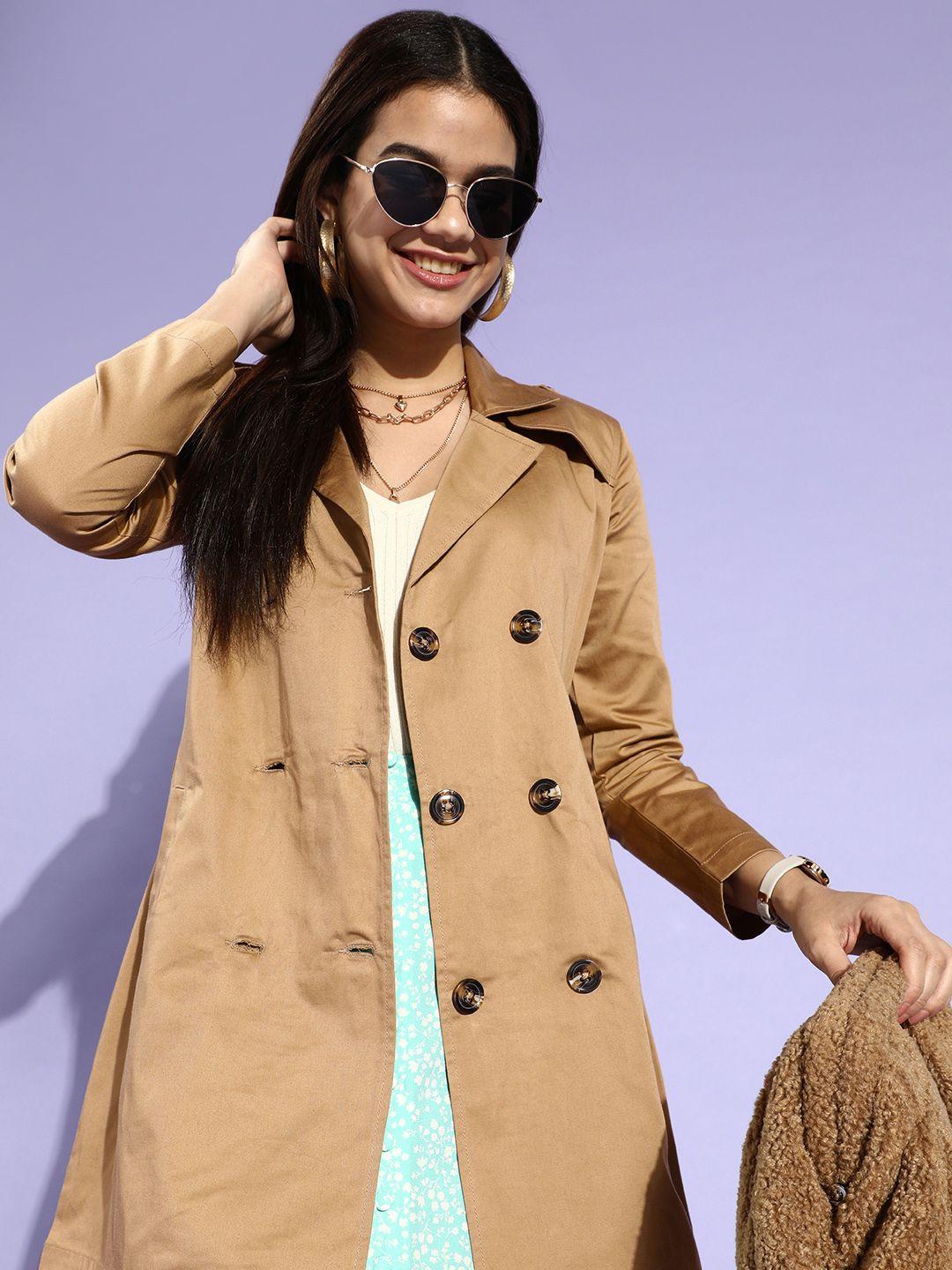 style quotient women beige solid double breasted trench coat