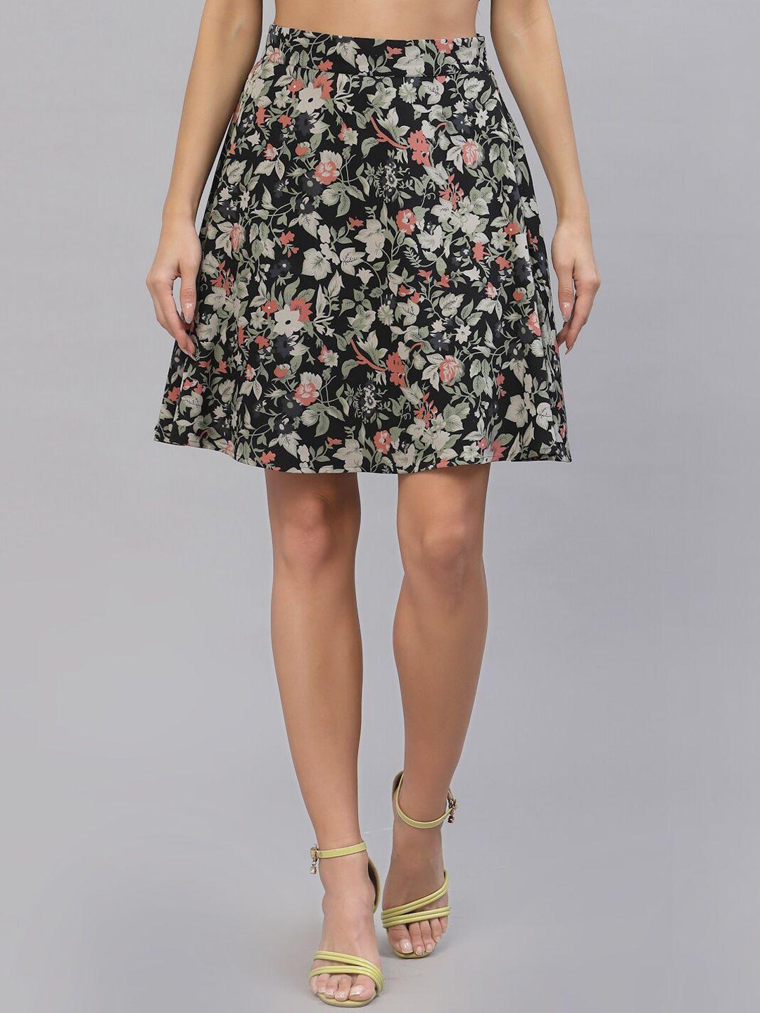 style quotient women black& red floral printed a-line flared mini skirt