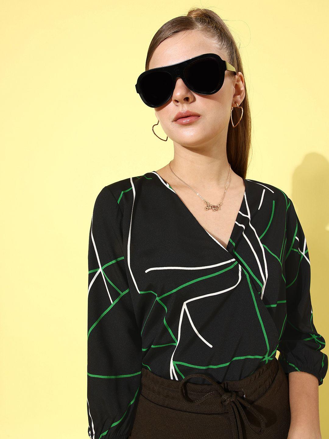 style quotient women black & green geometric print wrap top