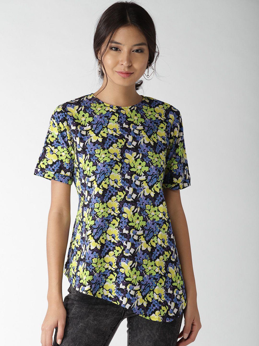 style quotient women black & lime green floral print top