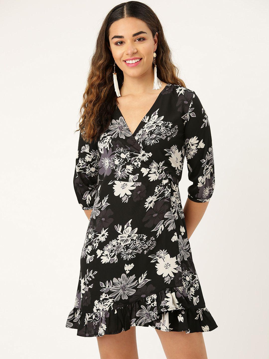 style quotient women black & off-white floral print wrap dress