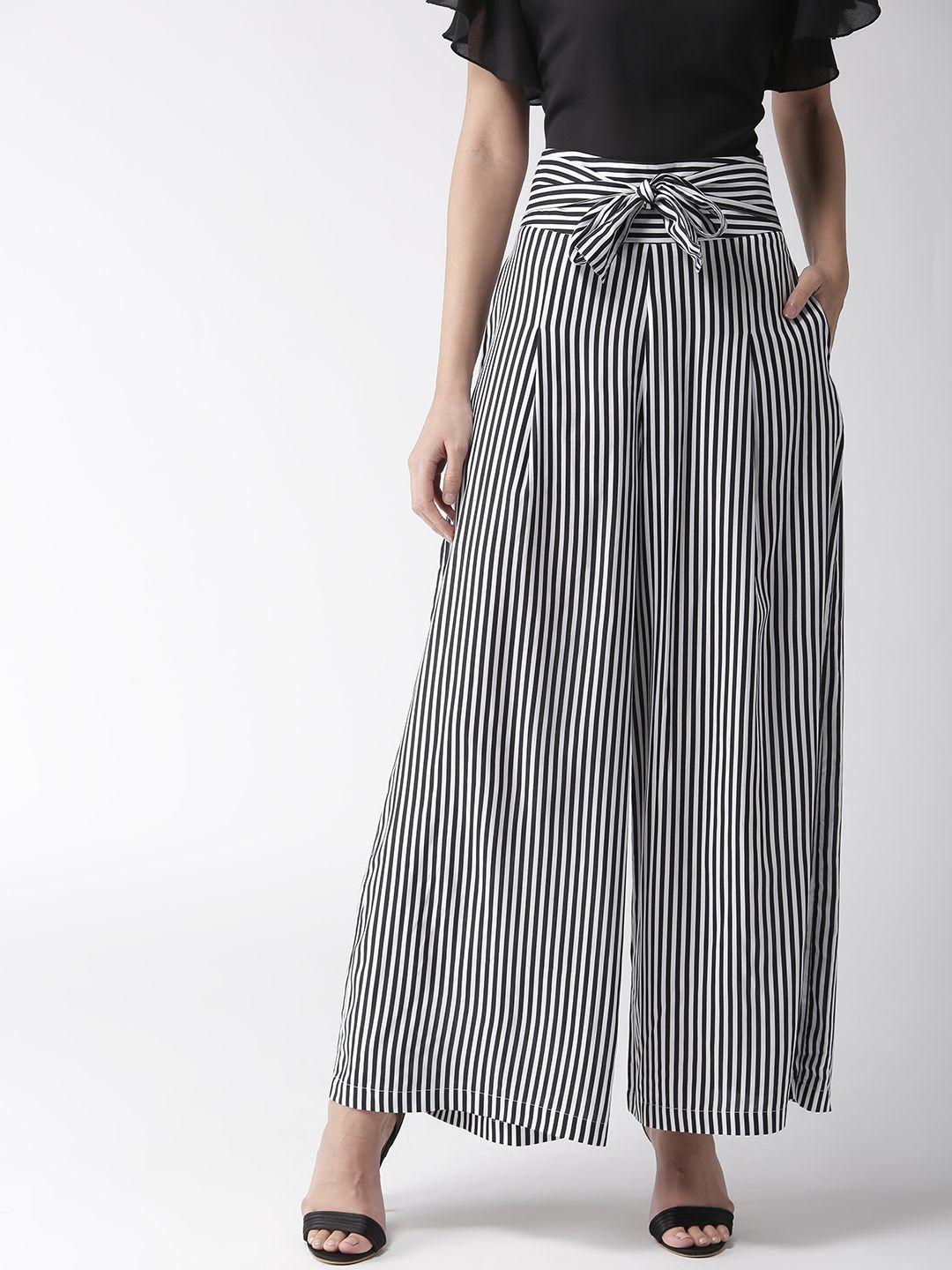 style quotient women black & white custom flared fit striped parallel trousers