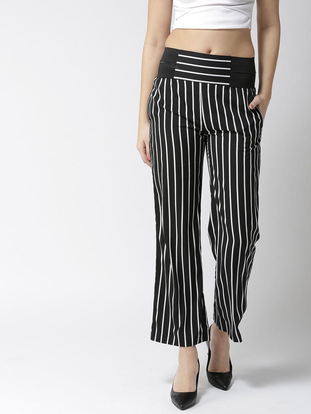 style quotient women black & white loose fit striped parallel trousers