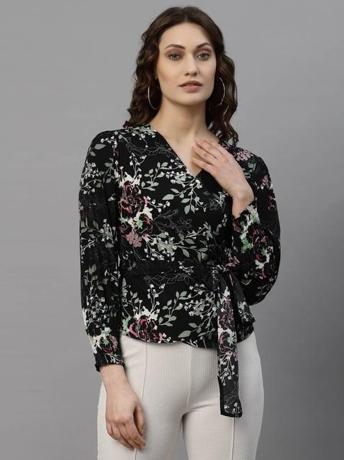 style quotient women black and multi floral printed polycrepe smart casual top