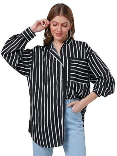 style quotient women black and white stripe printed poly crepe oversized casual shirt