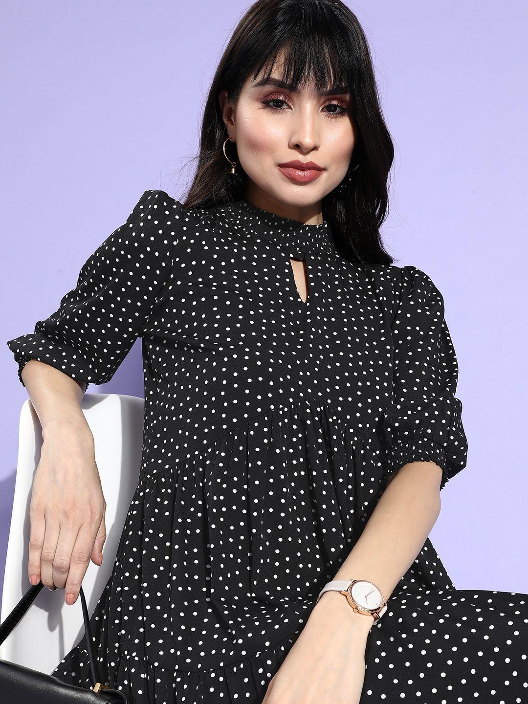 style quotient women black polka dotted keyhole neck dress