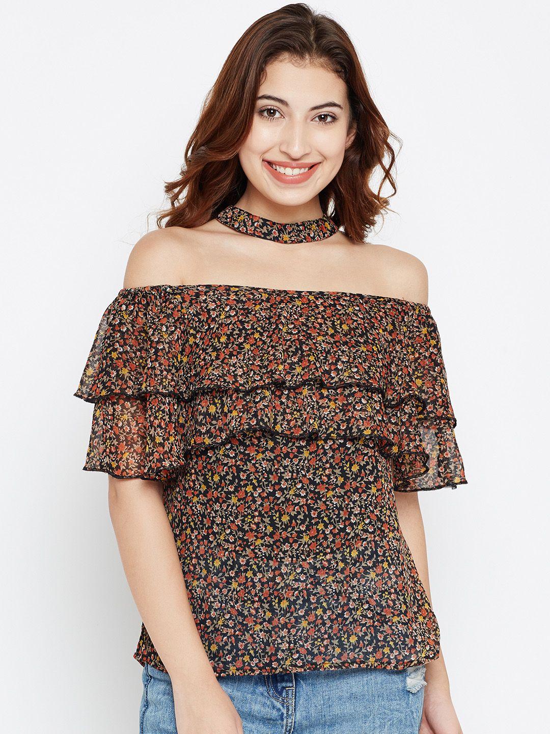 style quotient women black printed semi-sheer bardot top