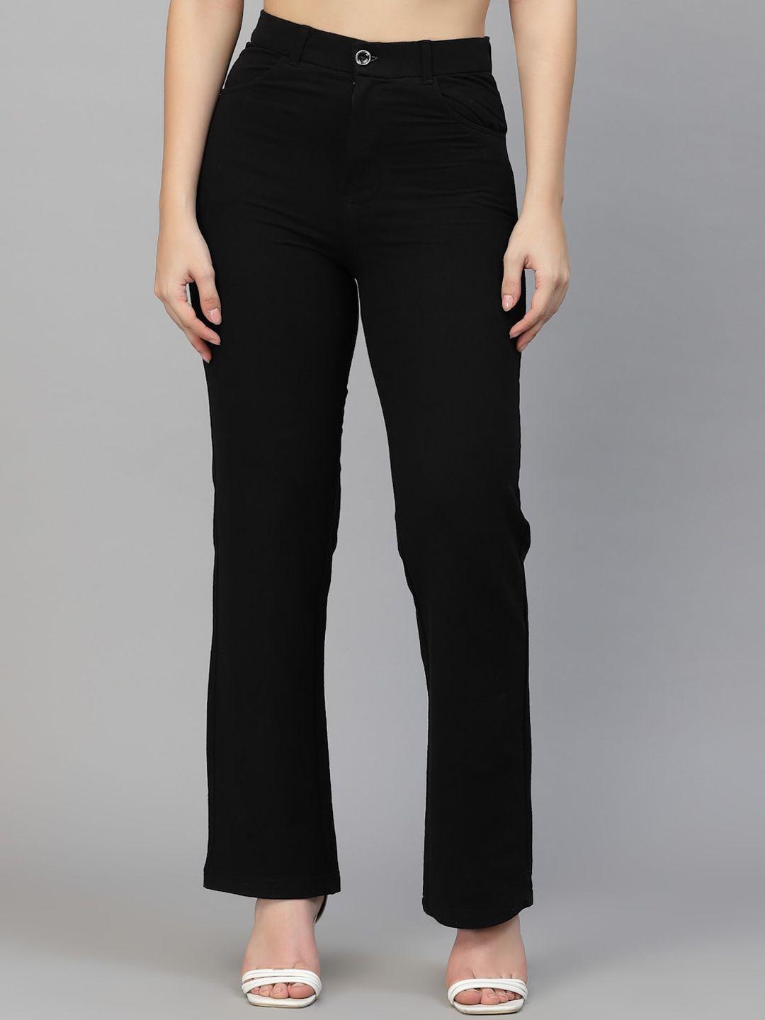 style quotient women black smart flared high-rise cotton formal trousers