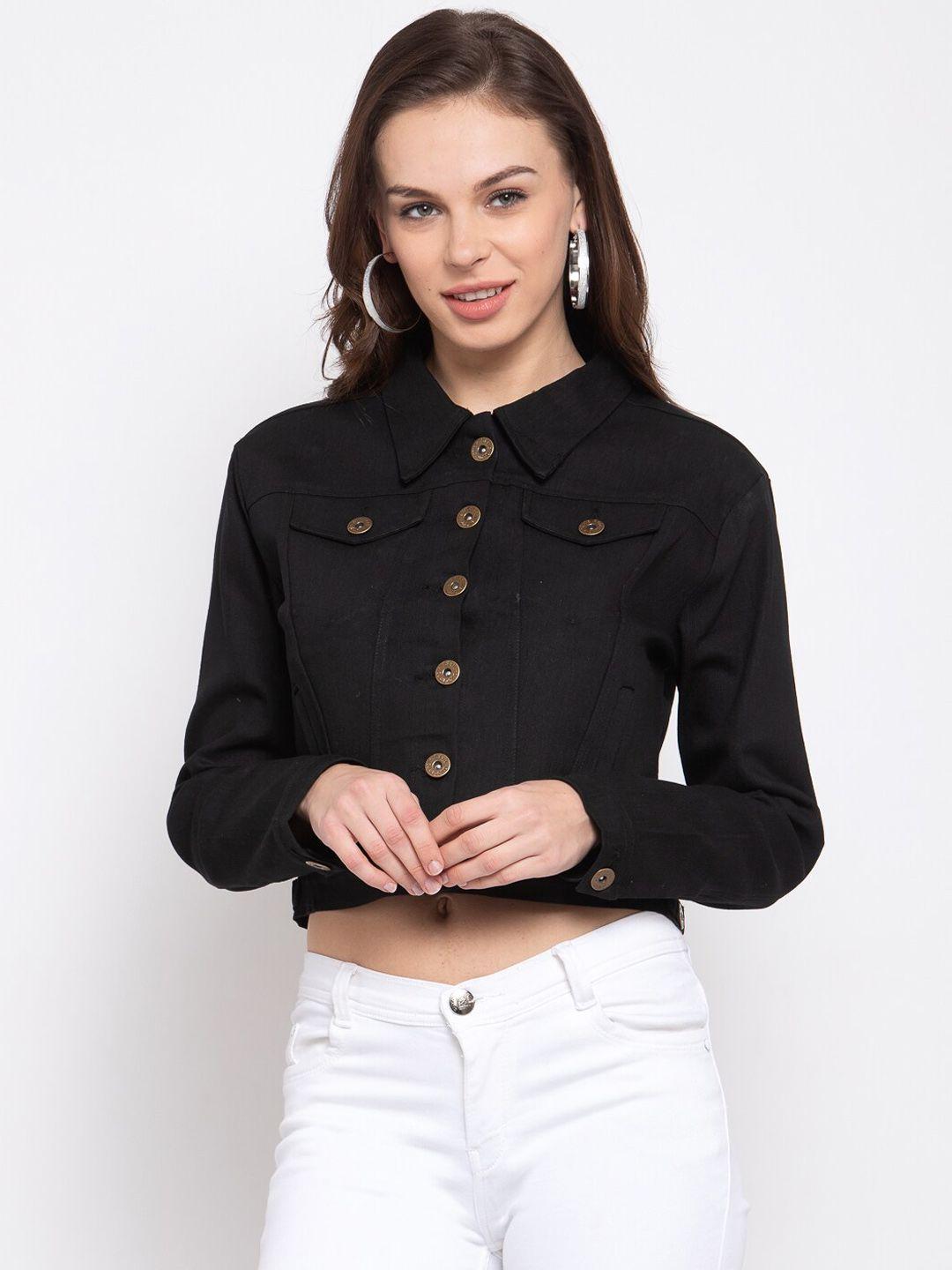 style quotient women black solid crop denim jacket