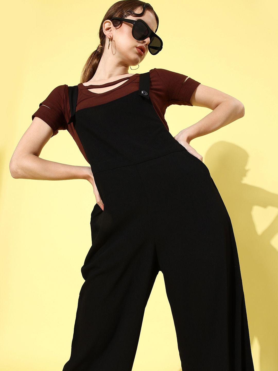 style quotient women black solid dungarees