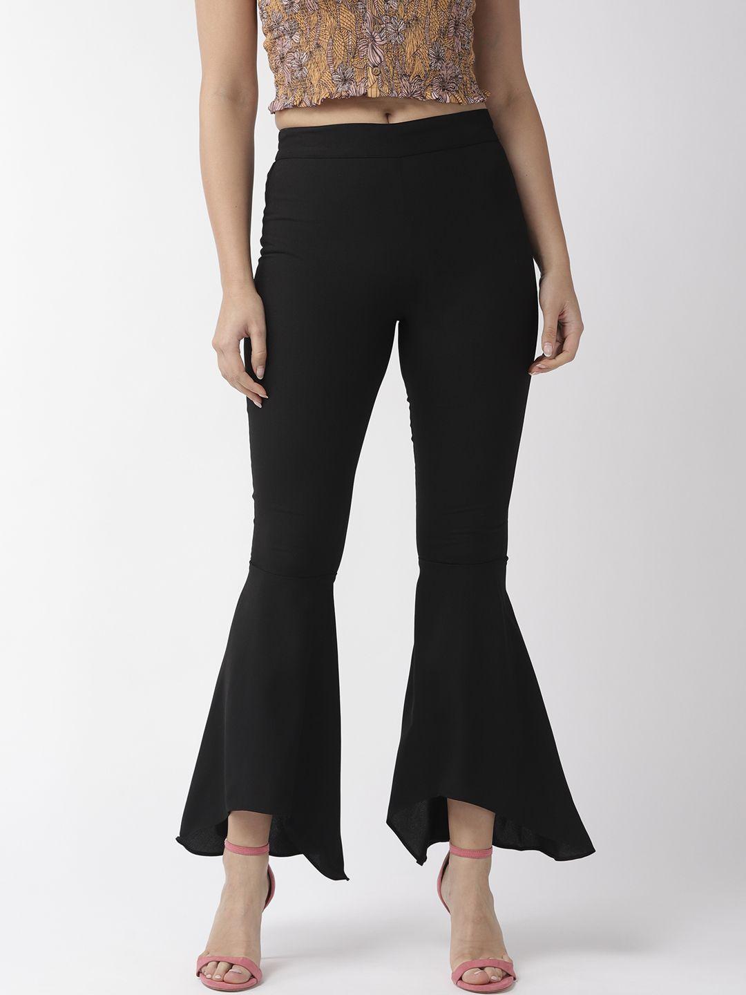 style quotient women black solid flared smart fit bootcut trousers
