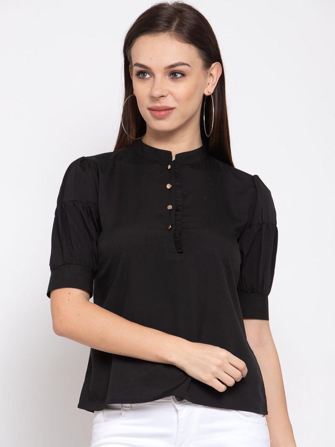 style quotient women black solid puff sleeves regular top