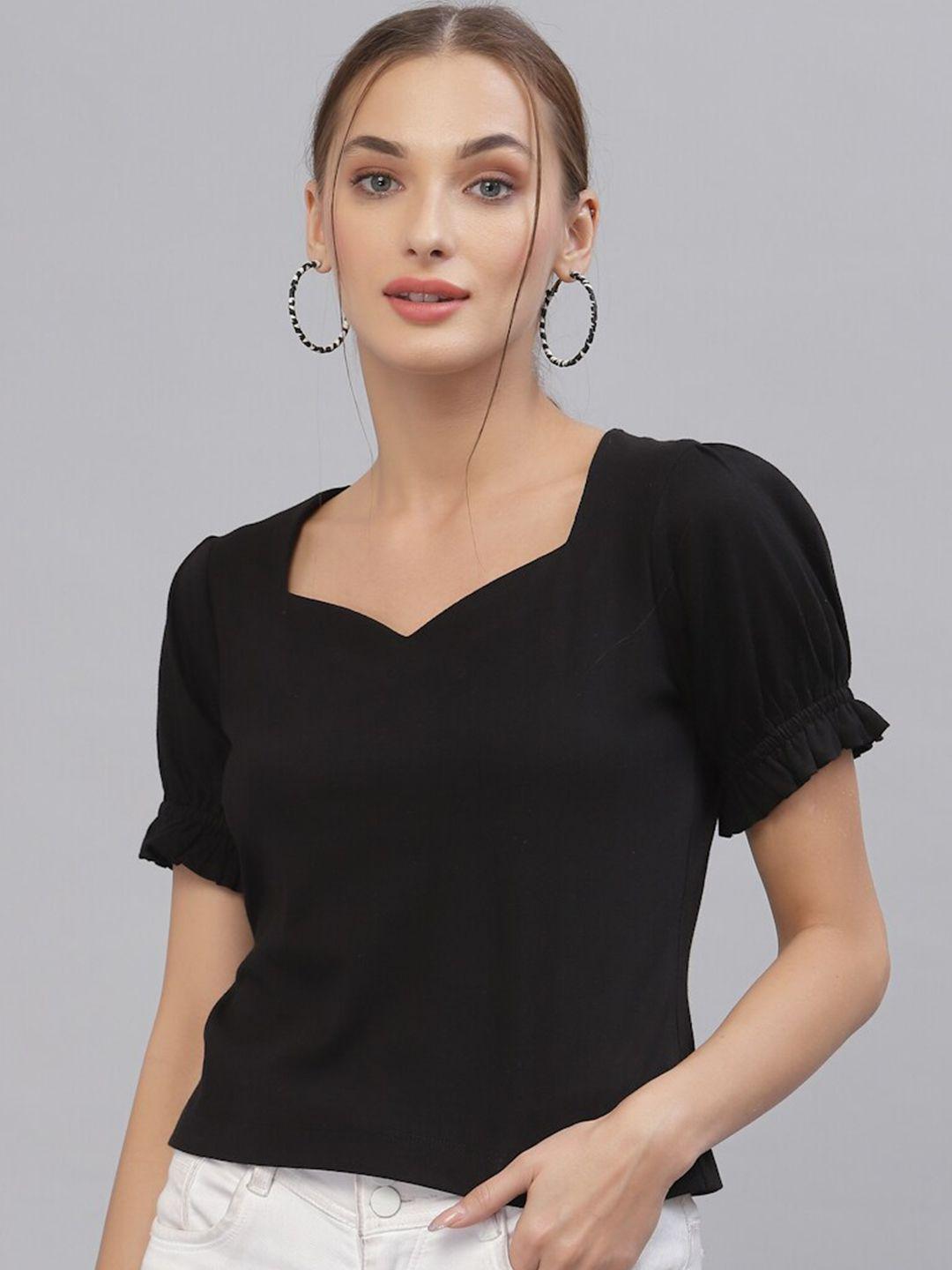 style quotient women black solid pure cotton sweetheart neck top