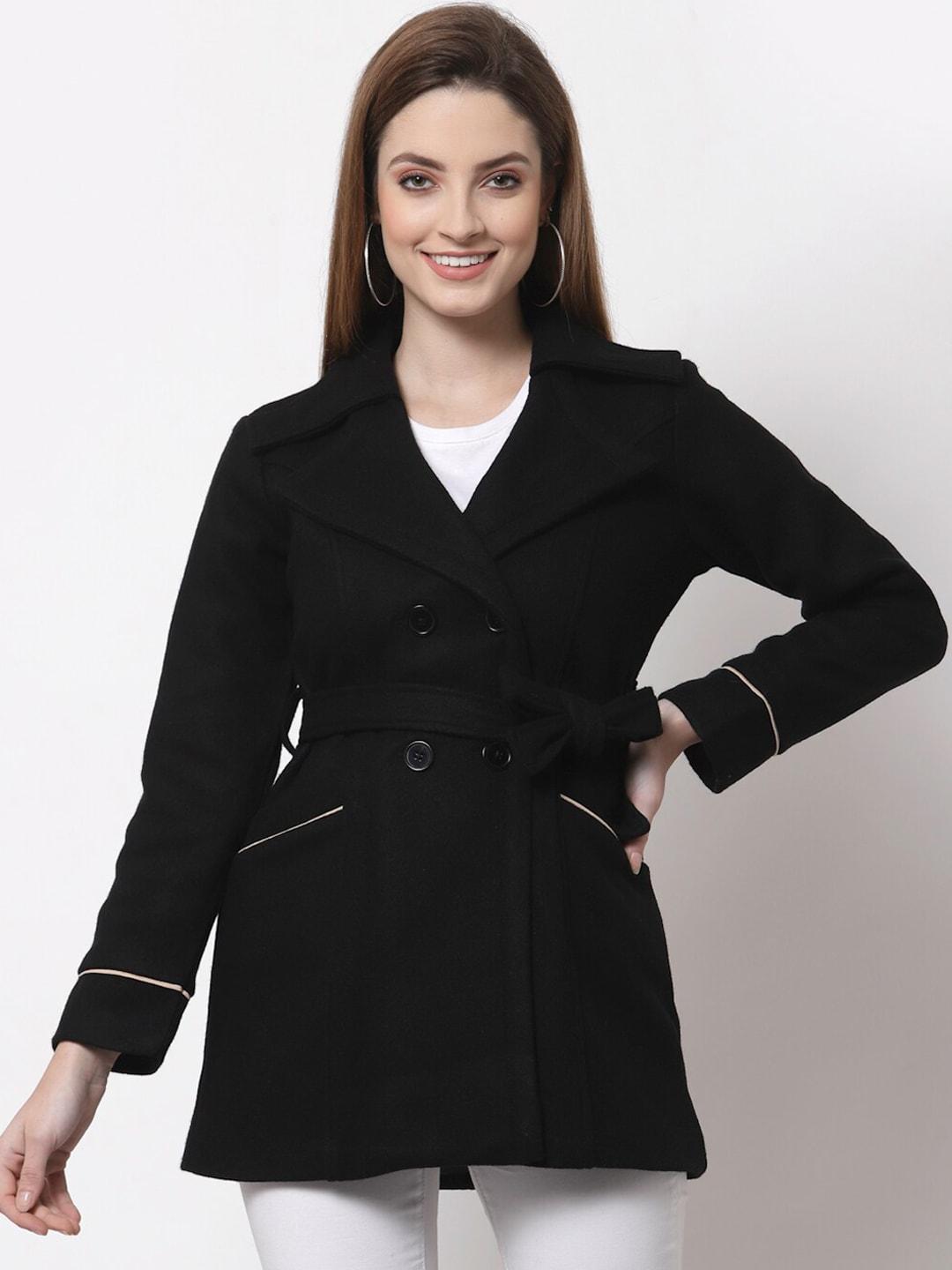 style quotient women black solid woolen trench coat