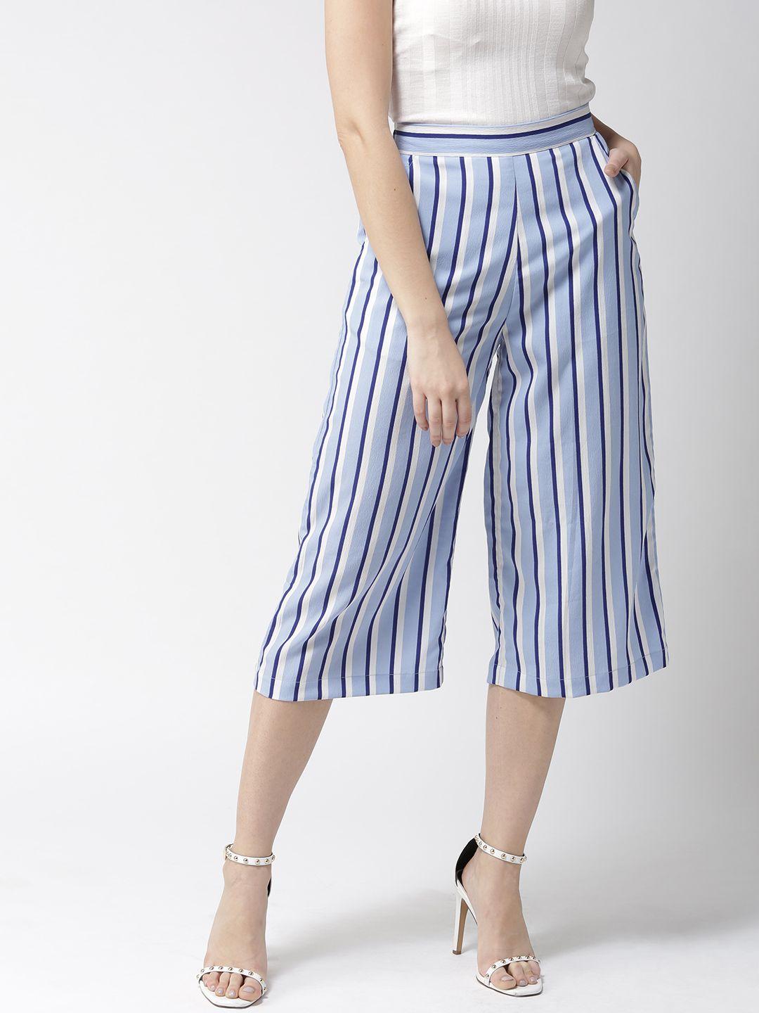 style quotient women blue & white loose fit striped culottes