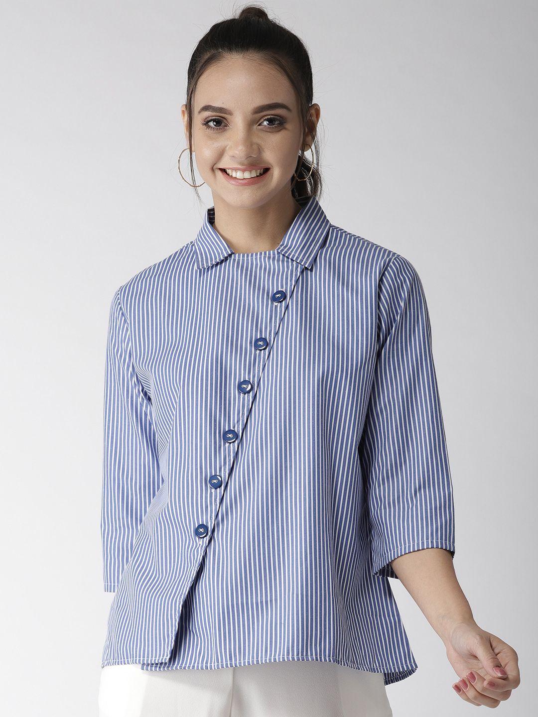 style quotient women blue & white new fit striped casual shirt