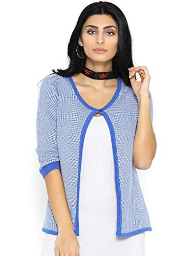 style quotient women blue & white self-design cardigan-m-blue