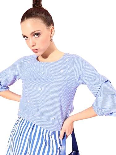 style quotient women blue & white striped studded top