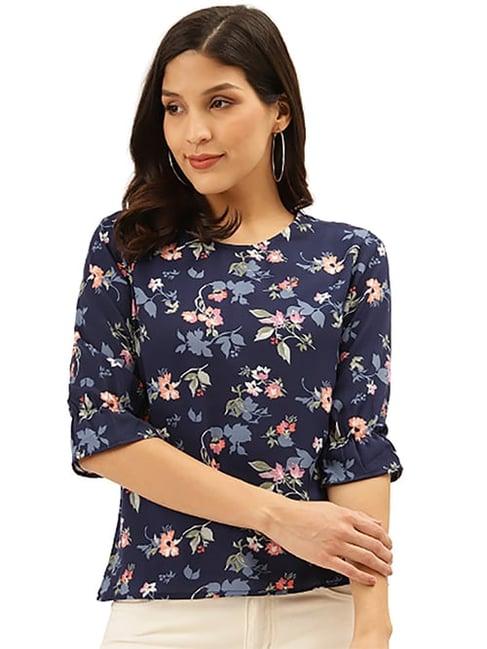 style quotient women blue and multi floral printed polyester smart casual top