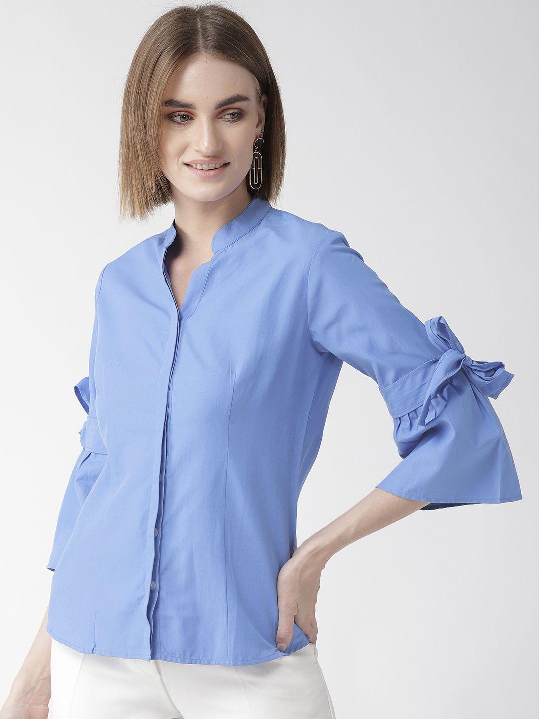 style quotient women blue classic regular fit solid casual shirt