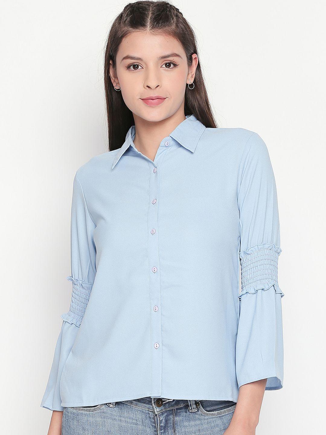 style quotient women blue classic regular fit solid casual shirt