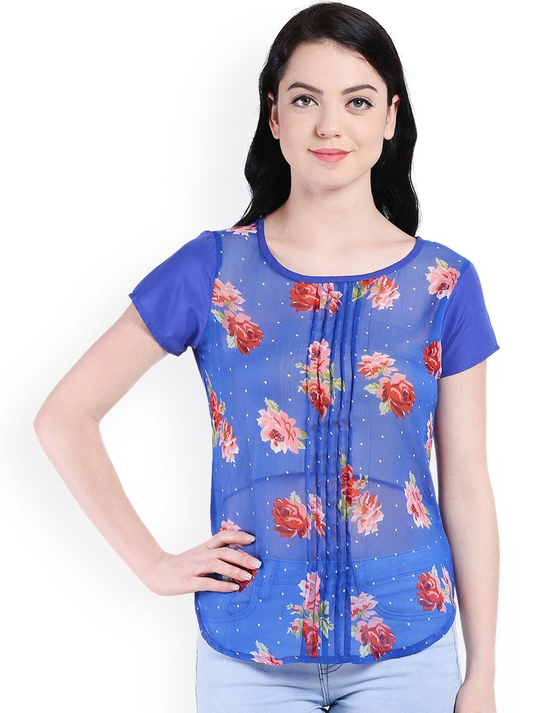 style quotient women blue floral print sheer top