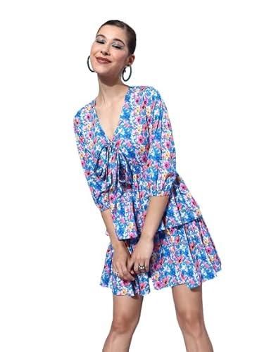 style quotient women blue pink floral print layered crepe a-line dress