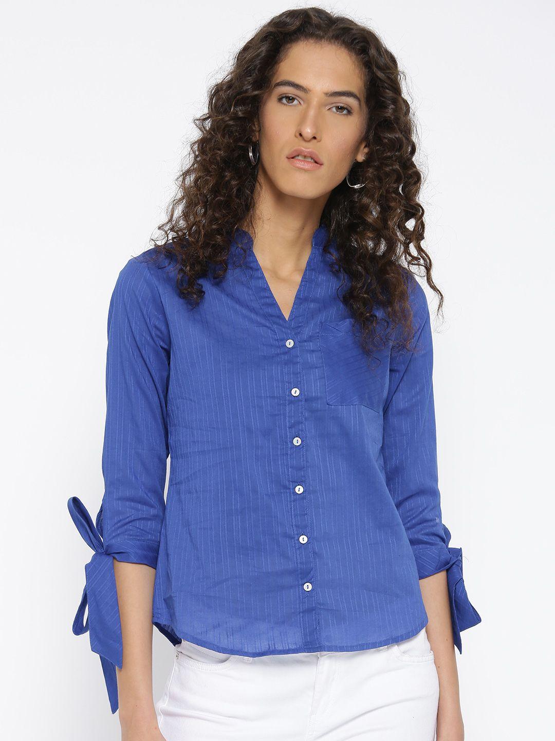 style quotient women blue regular fit striped casual shirt